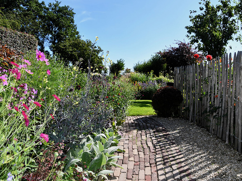 Klinkerpad tussen roze bloemen en zilvergrijze planten