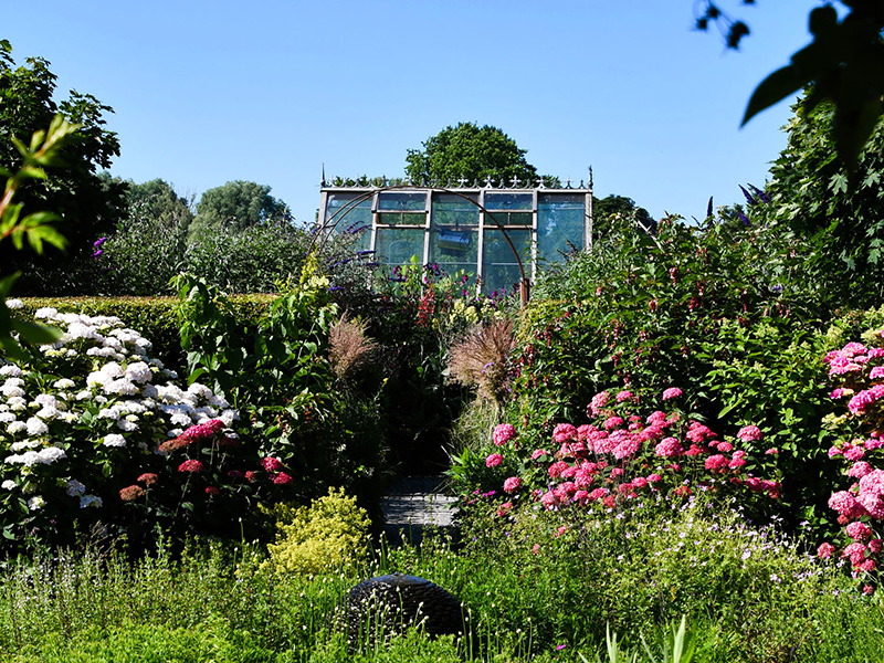 Glazen kas tussen volle kleurrijke bloemenborders in juni