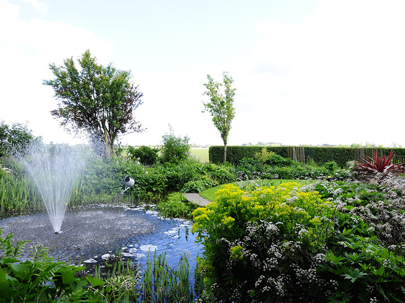 Vijver met fontein en frisse groene beplanting in mei